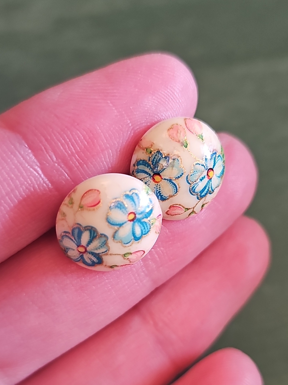 Hand Painted Floral Button Earrings in Cream and Blue